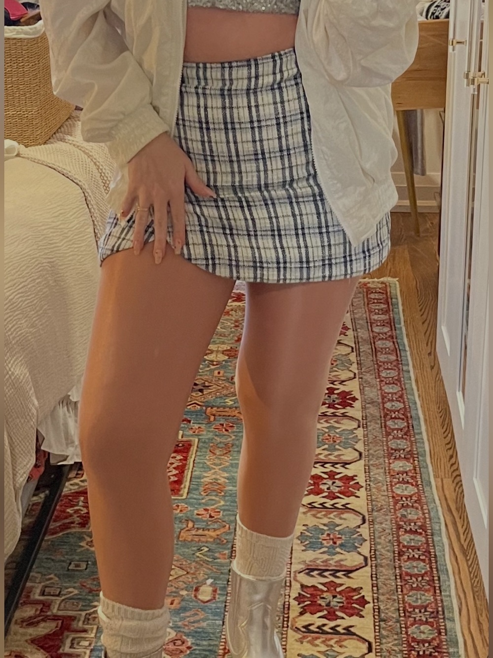 Abercrombie & Fitch Cream and Navy Plaid Mini Skirt with shorts underneath